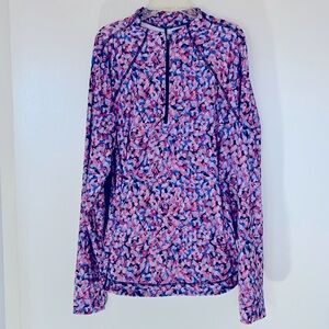 Talbots 1/4 zip jacket, pink, blue and black abstract dots, front pocket, size L